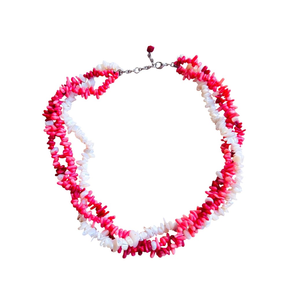 VTG Coral Branch Necklace Multi 3 Rows Red Pink White Sterling Silver 925 19"
